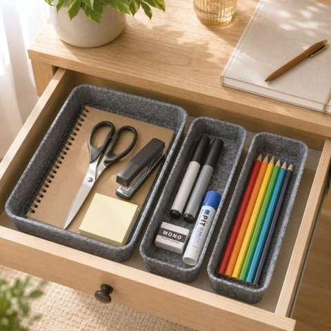 Organizare si depozitare casa - Set 3 Organizatoare Gri din Pâslă pentru Sertar