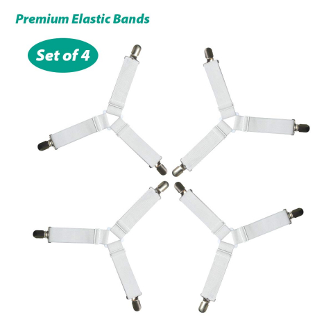 Set 4 Bretele Elastice cu Clesti Metalici pentru Prinderea Cearseafurilor si Lenjeriei de Pat, Alb CBD CORAL BEST DEALS Alb [1]