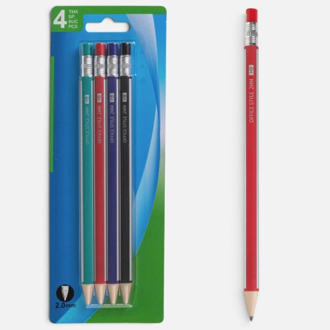 Rechizite si produse pentru scoala - Set 4 Creioane Mecanice Pătrate 2 mm cu Radieră
