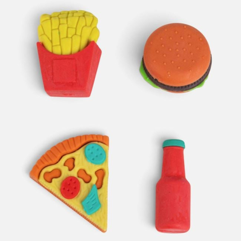 Instrumente de scris si corectura - Set Radiere 3D Pizza, Burger, Cartofi Prăjiți & Ketchup – 4 buc..