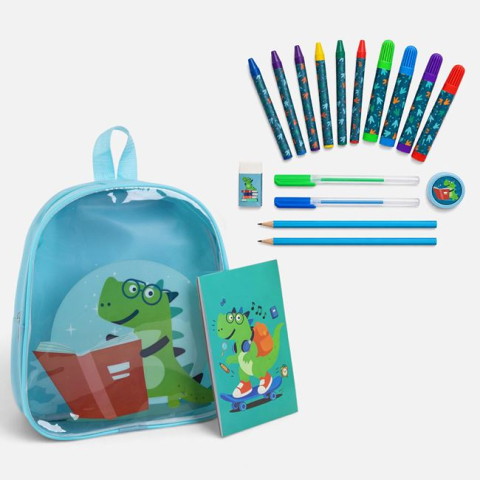 Rechizite si produse pentru scoala - Set Școlar Bleu cu Ghiozdan Dinozaur & Accesorii – 18 piese