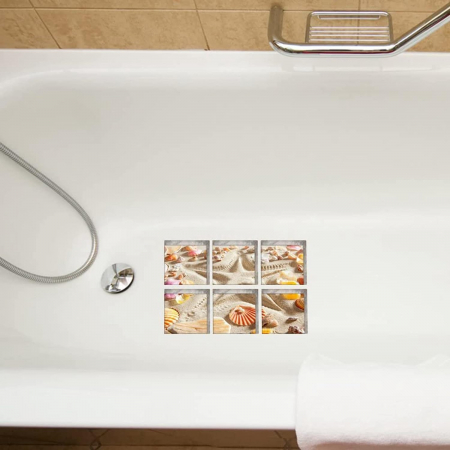 Sticker Antiderapant cu Striatii, Peisaj de Plaja cu Nisip si Scoici pentru Cada si Cabina de Dus, Design Premium, 6 Bucati /Stiker 15 x 15 cm, CBD CORAL BEST DEALS [5]
