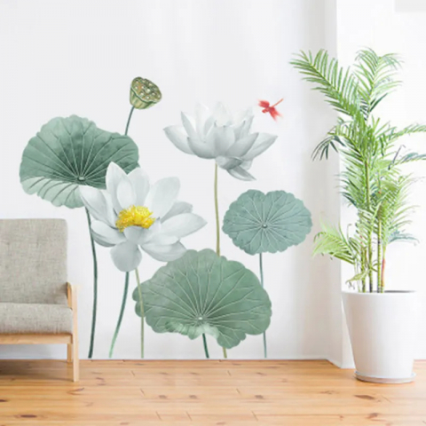 Sticker Autocolant Decorativ pentru Living si Camera, Flori de Lotus, 180 X 90 Cm Verde 90 Cm [4]