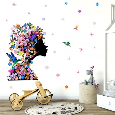 Sticker Decorativ Autocolant, Silueta Africana cu Flori si Pasari Colibri, Design Premium, 60 X 46 Cm, Multicolor, Floral Multicolor 46 Cm [3]