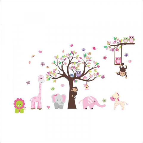 Stickere decorative autoadezive - Sticker Decorativ Copac cu Animale de la Zoo , Stickere de perete