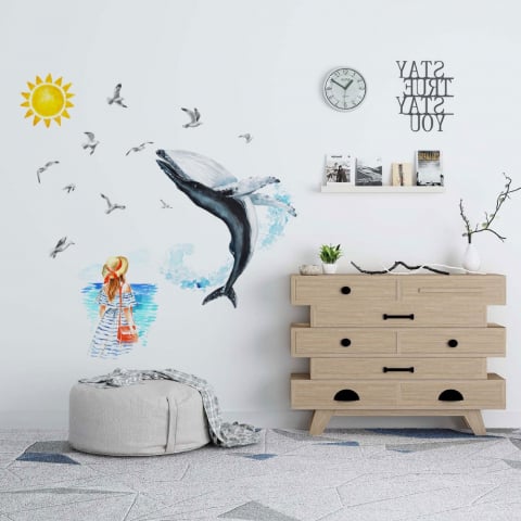 Sticker Decorativ, Doamna si Balena Albastra, Autocolant, Premium, CBD CORAL BEST DEALS Albastru 50 cm [3]