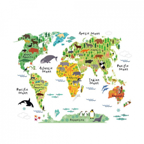 Casa si gradina - Sticker decorativ educativ cu harta lumii și animale, 60 cm, CoralBestDeals