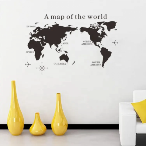 Sticker Decorativ, Harta Lumii cu Continente, Autoadeziv, Negru, CBD CORAL BEST DEALS Negru 60 cm [2]