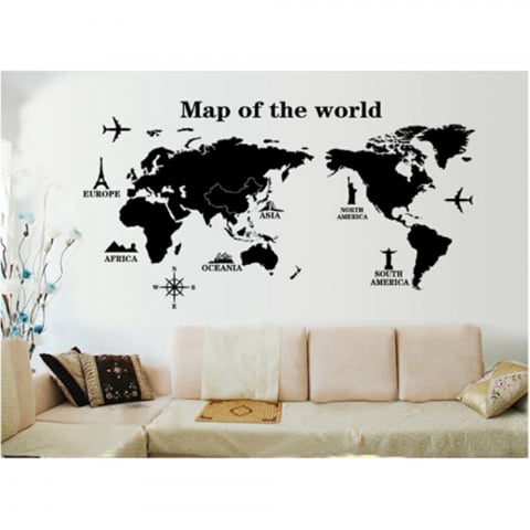 Sticker Decorativ, Harta Lumii cu Continente, Autoadeziv, Negru, CBD CORAL BEST DEALS Negru 60 cm [1]
