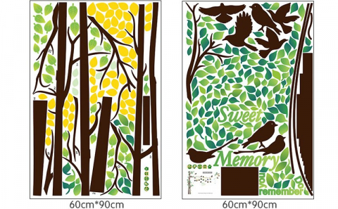 Sticker Decorativ si 12 Rame Foto, Copaci cu Pasari, 290 x 210 cm, CBD CORAL BEST DEALS Verde 60 cm [2]