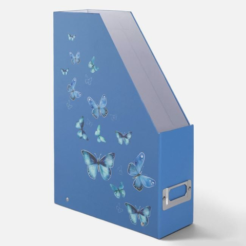 Hartie, caiete si articole de birou - Suport din Carton pentru Documente Albastru cu Fluturi si Etichetă Metalica 23x8x33cm