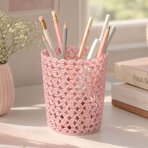 Instrumente de scris si corectura - Suport Roz pentru Creioane cu Model Împletit, Ø10x11 cm