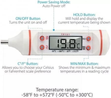 Termometru Digital cu Sonda Metalica de Insertie, Alimentar pentru Mancare si Bauturi, cu, Afisaj LCD, Oprire Automata, Interval de Masurare -50°C 300°C, 4 Butoane si Memorie, Alb, CBD CORAL BEST DEAL [1]