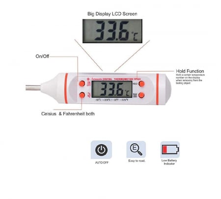Termometru Digital cu Sonda Metalica de Insertie, Alimentar pentru Mancare si Bauturi, cu, Afisaj LCD, Oprire Automata, Interval de Masurare -50°C 300°C, 4 Butoane si Memorie, Alb, CBD CORAL BEST DEAL [3]