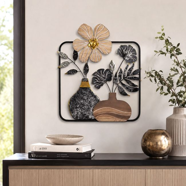 Decorațiune de Perete cu Vaze și Flori, Metal și Lemn, 50 x 60 cm