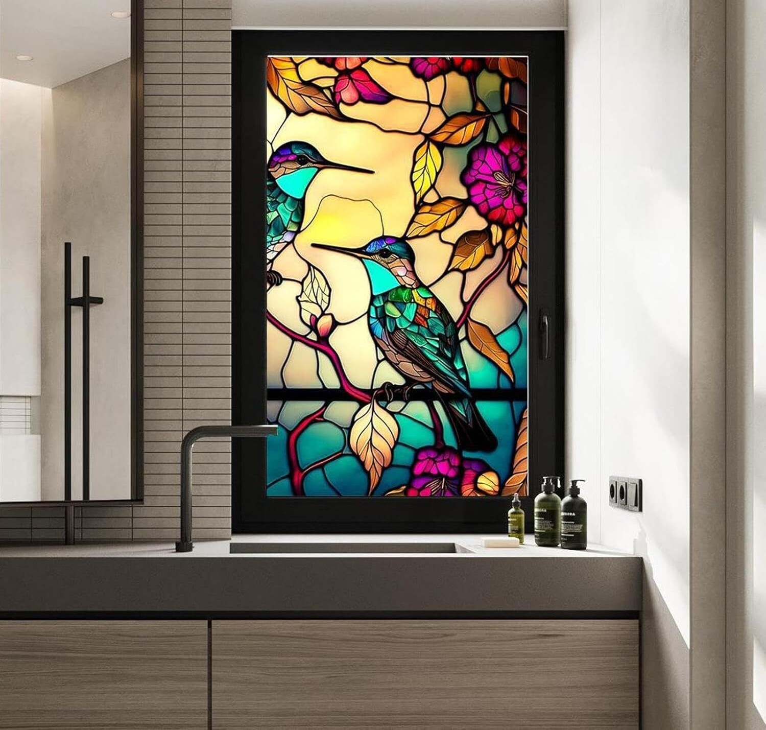 Folie vitraliu autoadezivă pentru geam 100 x 60 cm, model Pasărea Privighetoare, UV 400 - CoralBestDeals