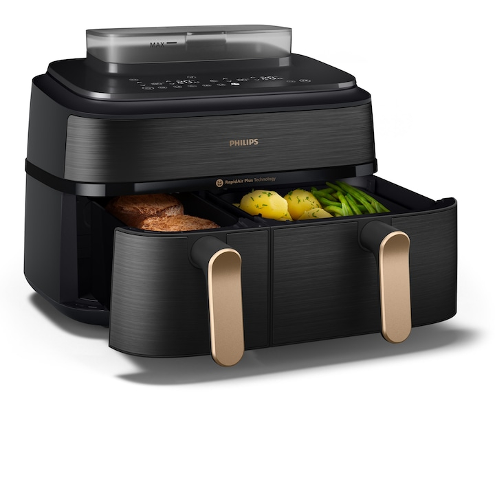 Friteuza dubla cu aer cald si abur Philips Airfryer Seria 5000 NA552/00, Culoare: negru cu maner aramiu [2]