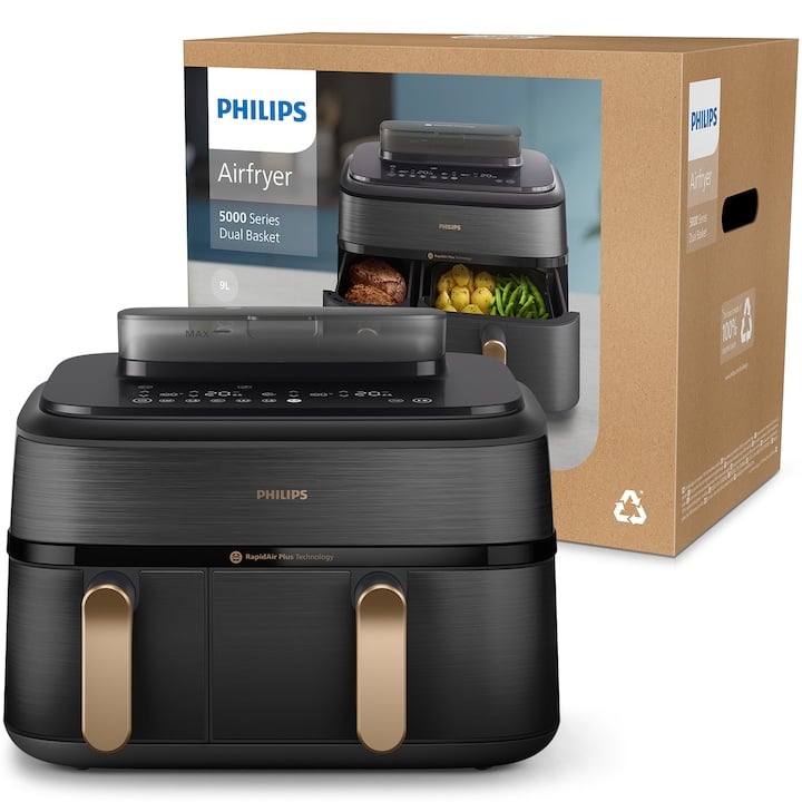 Friteuza dubla cu aer cald si abur Philips Airfryer Seria 5000 NA552/00, Culoare: negru cu maner aramiu [4]
