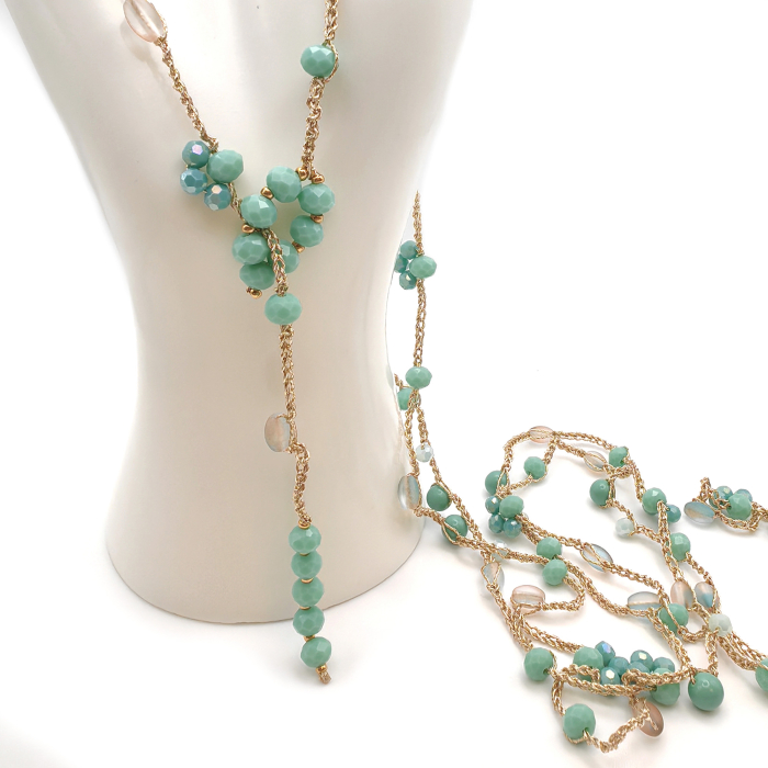 Free Spirit - Colier lung crosetat, 155 cm, cristale si margele din sticla, verde menta [2]
