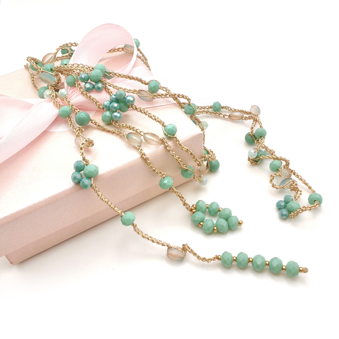 Free Spirit - Colier lung crosetat, 155 cm, cristale si margele din sticla, verde menta [3]