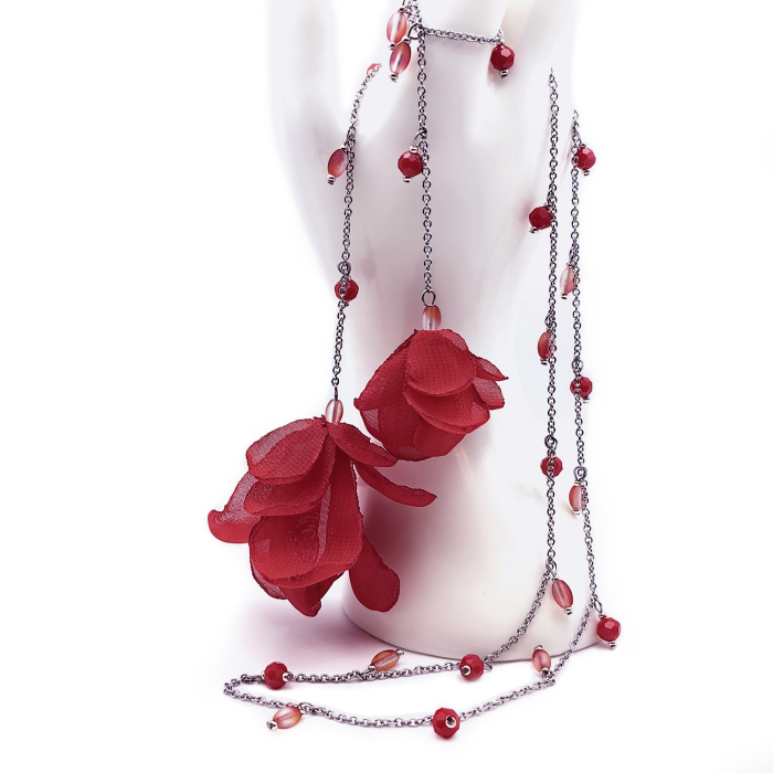 Scarlet Bloom - Colier lung cu flori din voal rosu [4]