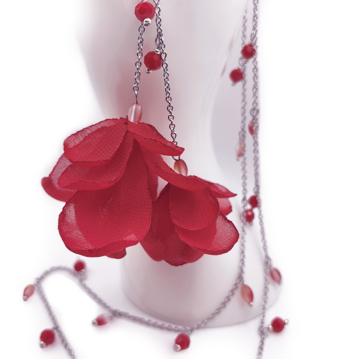 Scarlet Bloom - Colier lung cu flori din voal rosu [5]
