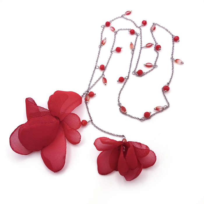 Scarlet Bloom - Colier lung cu flori din voal rosu [2]