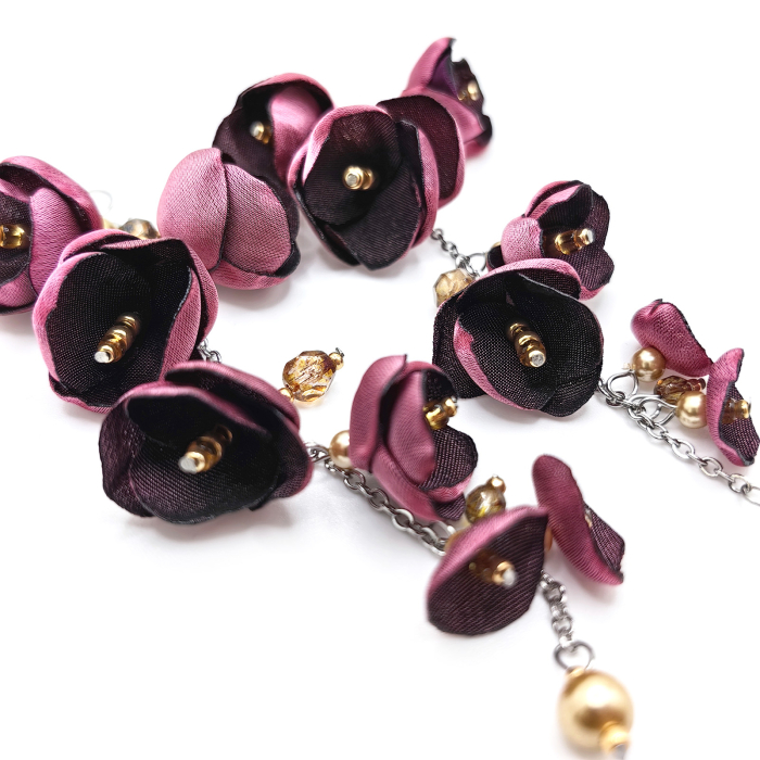 cercei foarte lungi flori matase satinata roz inox [4]