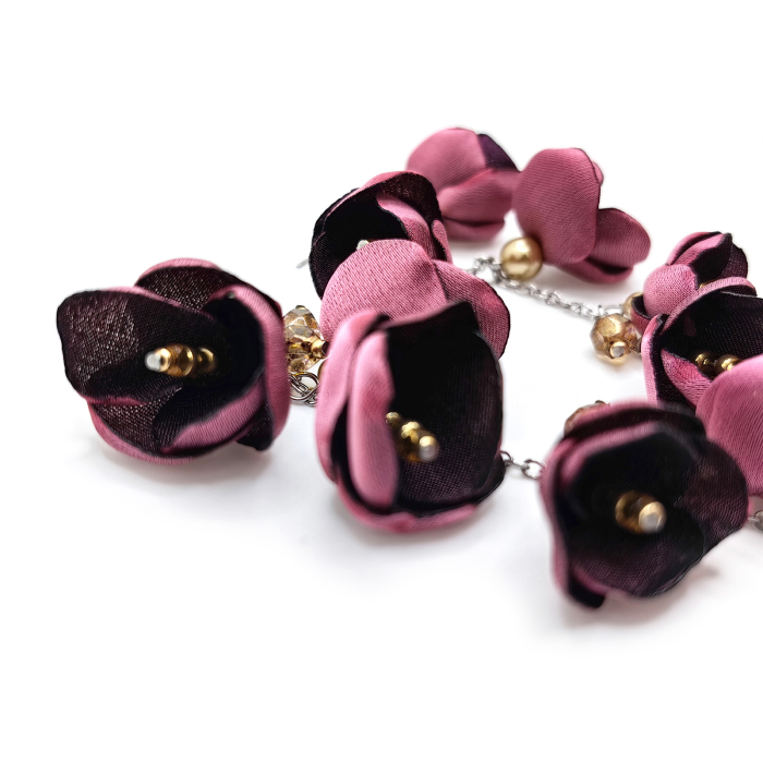 cercei foarte lungi flori matase satinata roz inox [2]