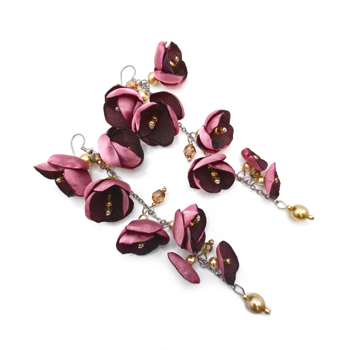 cercei foarte lungi flori matase satinata roz inox [3]