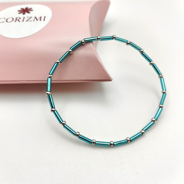 Seren - Bratara eleganta foarte subtire din margele Miyuki, albastru cu argintiu, elastica, 2 mm [2]