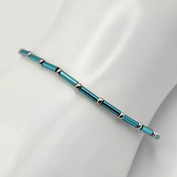 Seren - Bratara eleganta foarte subtire din margele Miyuki, albastru cu argintiu, elastica, 2 mm [3]