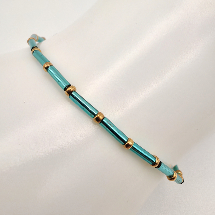 Seren - Bratara eleganta foarte subtire din margele Miyuki, albastru cu auriu, elastica, 2 mm [3]