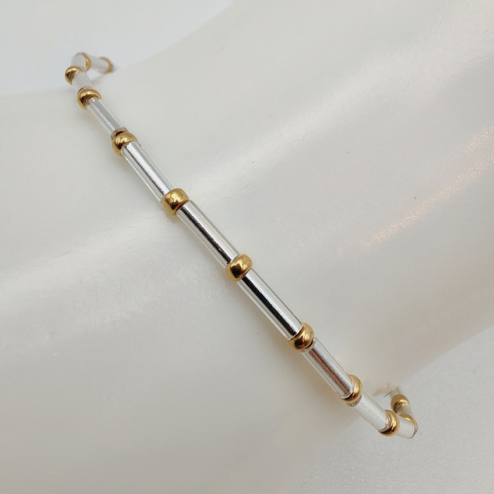 Seren - Bratara eleganta foarte subtire din margele Miyuki, argintiu si auriu, elastica, 2 mm [3]