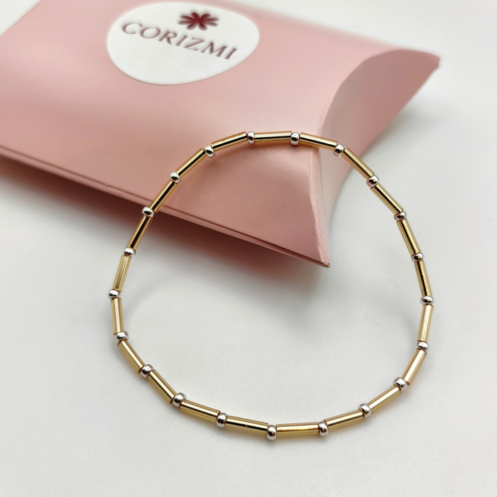 Seren - Bratara eleganta foarte subtire din margele Miyuki, auriu cu argintiu, elastica, 2 mm [2]