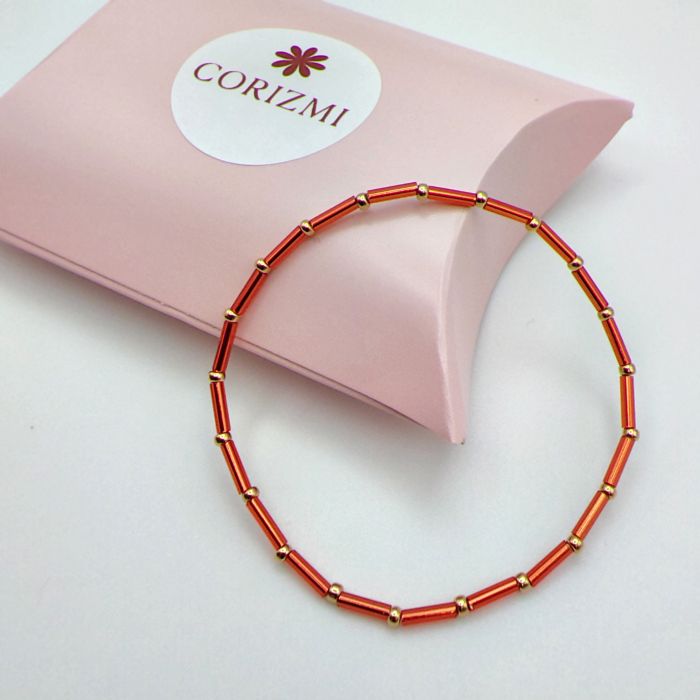 Seren - Bratara eleganta foarte subtire din margele Miyuki, rosu cu auriu, elastica, 2 mm [2]