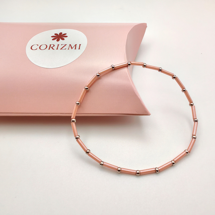 Seren - Bratara eleganta foarte subtire din margele Miyuki, roz cu argintiu, elastica, 2 mm [2]