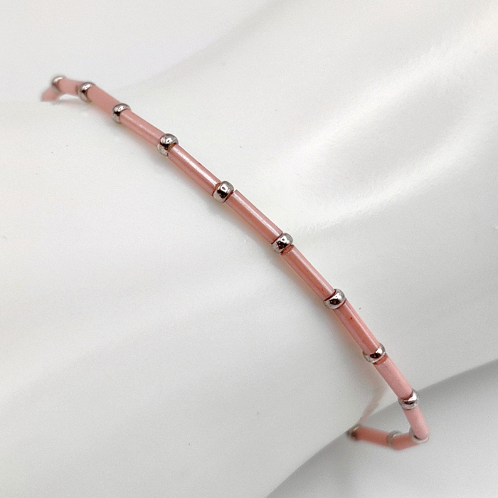 Seren - Bratara eleganta foarte subtire din margele Miyuki, roz cu argintiu, elastica, 2 mm [3]