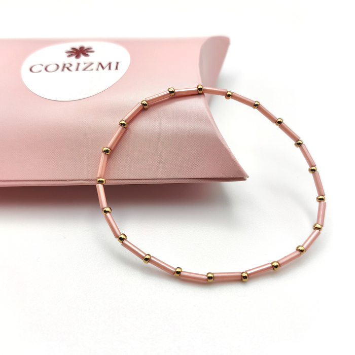 Seren - Bratara eleganta foarte subtire din margele Miyuki, roz cu auriu, elastica, 2 mm [2]
