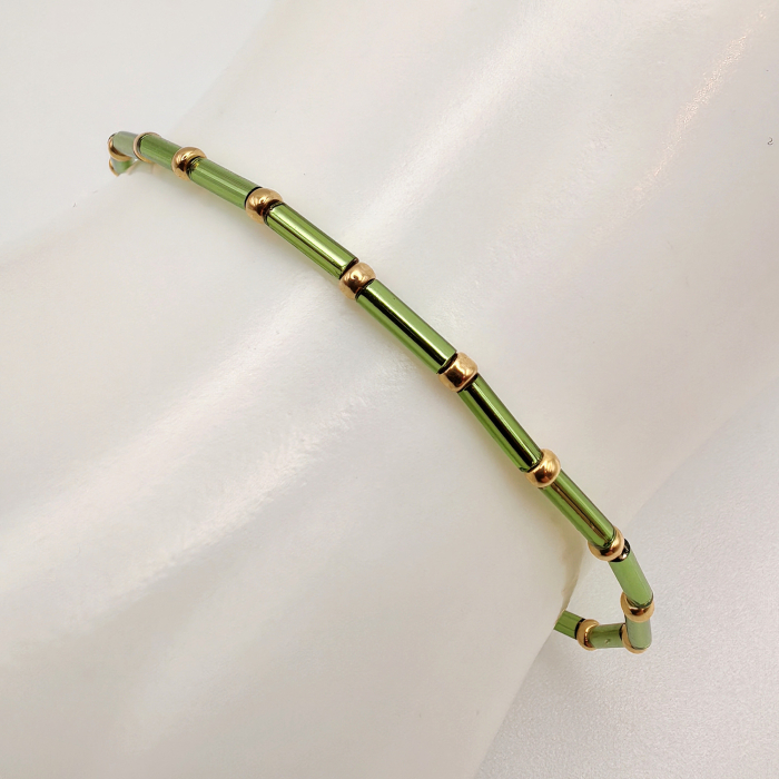 Seren - Bratara eleganta foarte subtire din margele Miyuki, verde cu auriu, elastica, 2 mm [3]