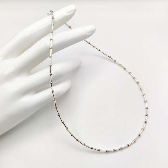 Seren - Colier elegant foarte subtire din margele Miyuki, argintiu si auriu, 2 mm [3]