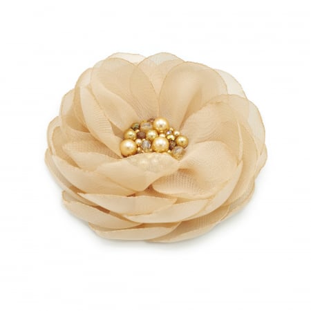 Bijuterii Dama - brosa-handmade-floare-voal-bej-cristale-perle