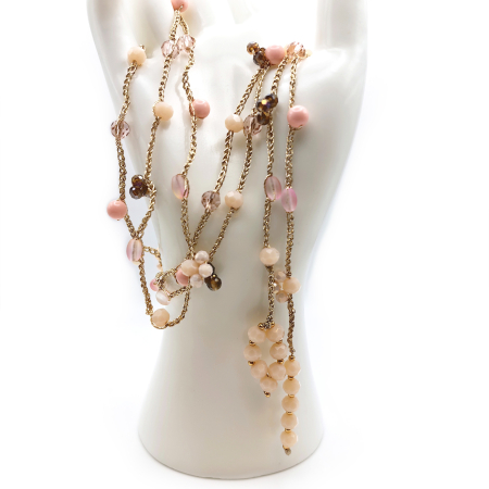 Perle, Pietre si Cristale - Free Spirit - Colier lung crosetat, 155 cm, cristale si margele din sticla, nude si roz pudrat