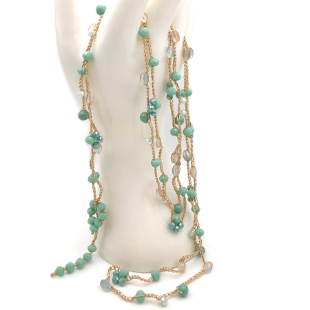 Perle, Pietre si Cristale - Free Spirit - Colier lung crosetat, 155 cm, cristale si margele din sticla, verde menta
