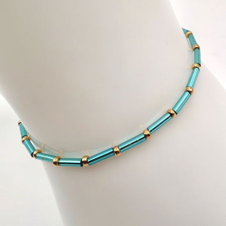Bratari - Seren - Bratara eleganta foarte subtire din margele Miyuki, albastru cu auriu, elastica, 2 mm