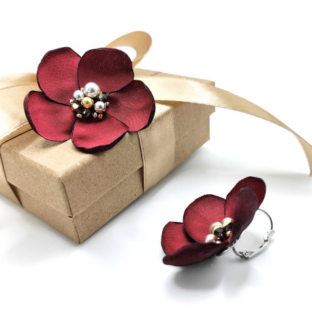 Creatii Proaspete - cercei-flori-matase-perle-cristale-rosu-visiniu
