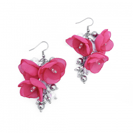 Cercei - cercei-flori-roz-fucsia-perle-cristale-inox