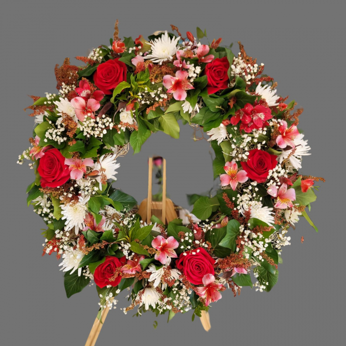 Coroana funerară cu trandafiri roșii și flori albe [2]