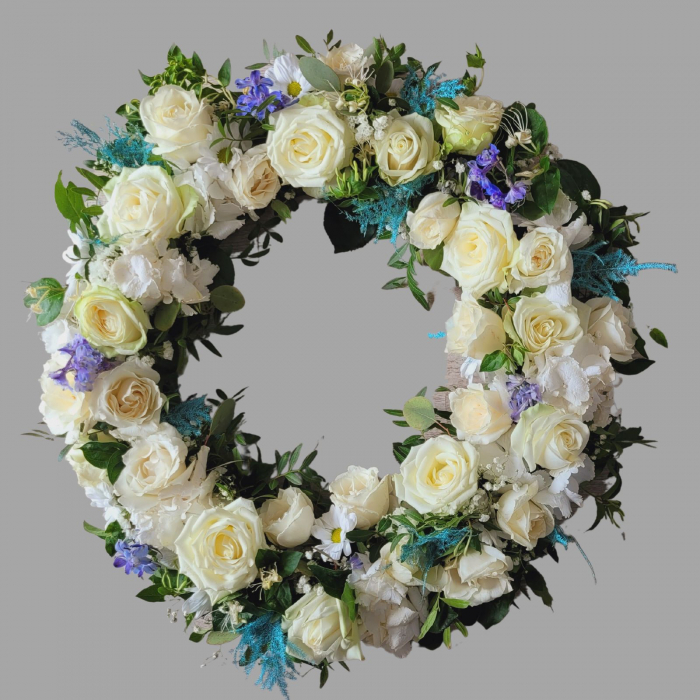 Coroană funerară alb cu bleu [2]