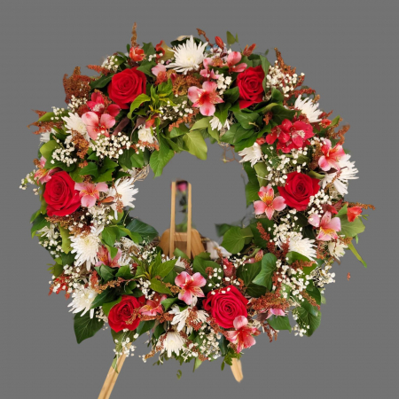 Coroana funerară cu trandafiri roșii și flori albe [1]